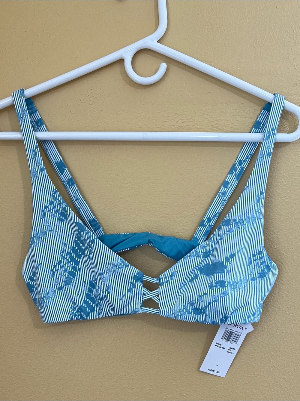 Roxy Sea & Waves Reversible Print Blue & White Stripe Bikini Top Size L